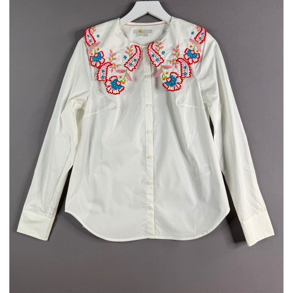 Boden Antonia Embroidered Shirt Womens 8 M White Floral Boho Twee Southwestern